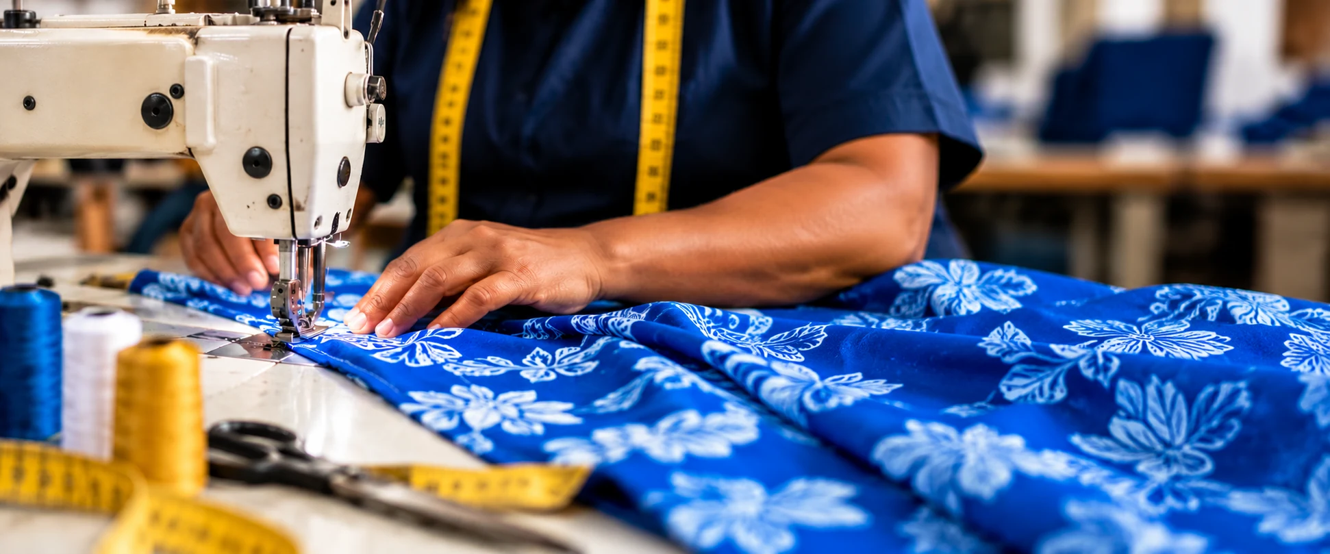 Tailor sewing blue floral fabric